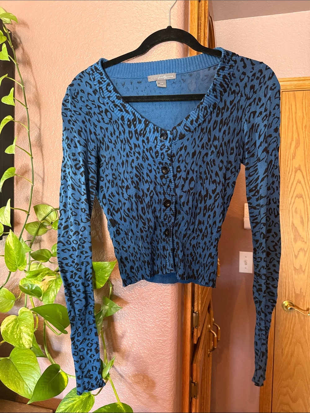 Blue Leopard-Print Button-Front Cardigan